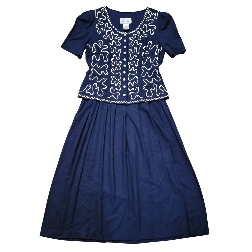 Plaza South Vintage Blue White Pearl Midi Dress 8 Modest Cottage Whimsigoth